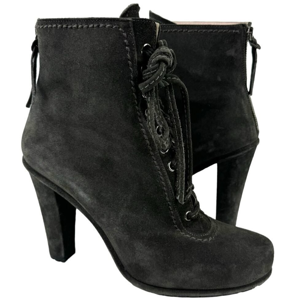 Miu Miu Booties Lace Up Suede Leather Ankle Boots Block High Heel Round Toe 39